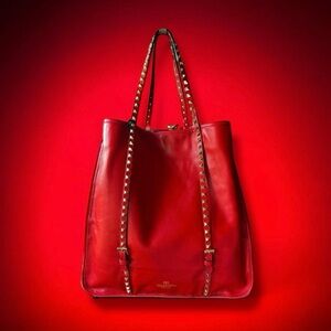 🆕💞VALENTINO Lambskin Rockstud Belted Shopper Tote • RED • Gold-Tone Hardware